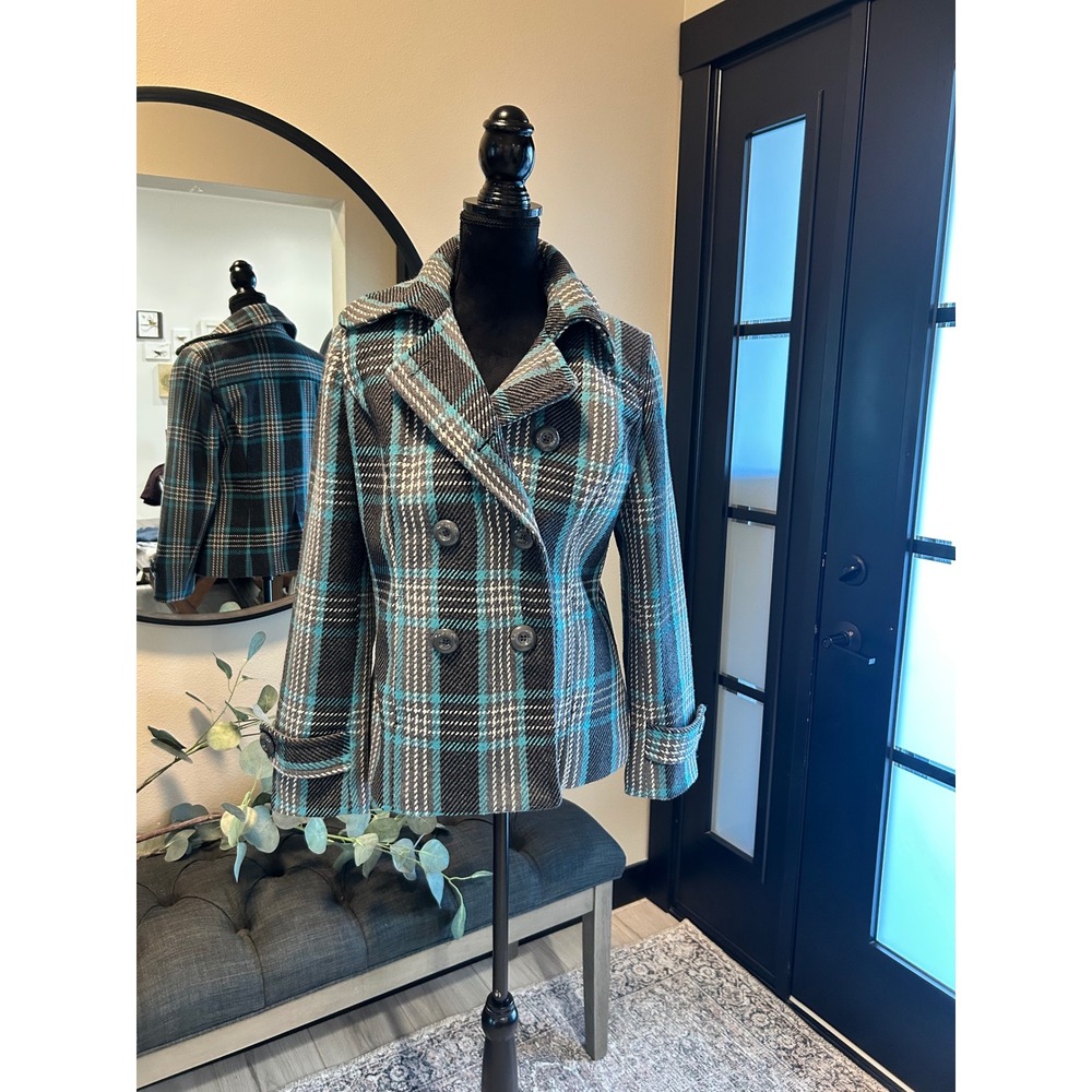 Dressbarn Womens Teal Black Plaid Double Breasted Pea Coat Jacket Size M